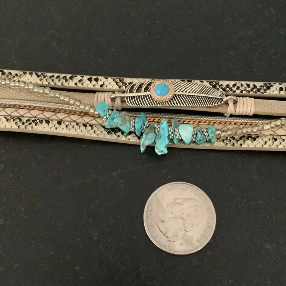 Coastal Meets Western Gold Tone Layered Cuff Bracelet with Faux Turquoise Stones